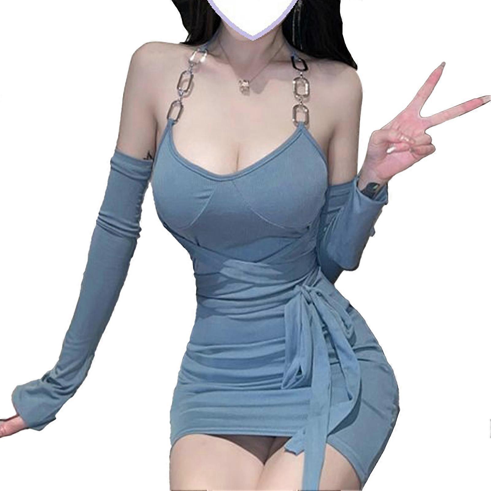 ホルターネックミニボディコンチェーンリンクスリムフィットウエストベルトバックレスストラップレスボディコンドレスアームスリーブ付き