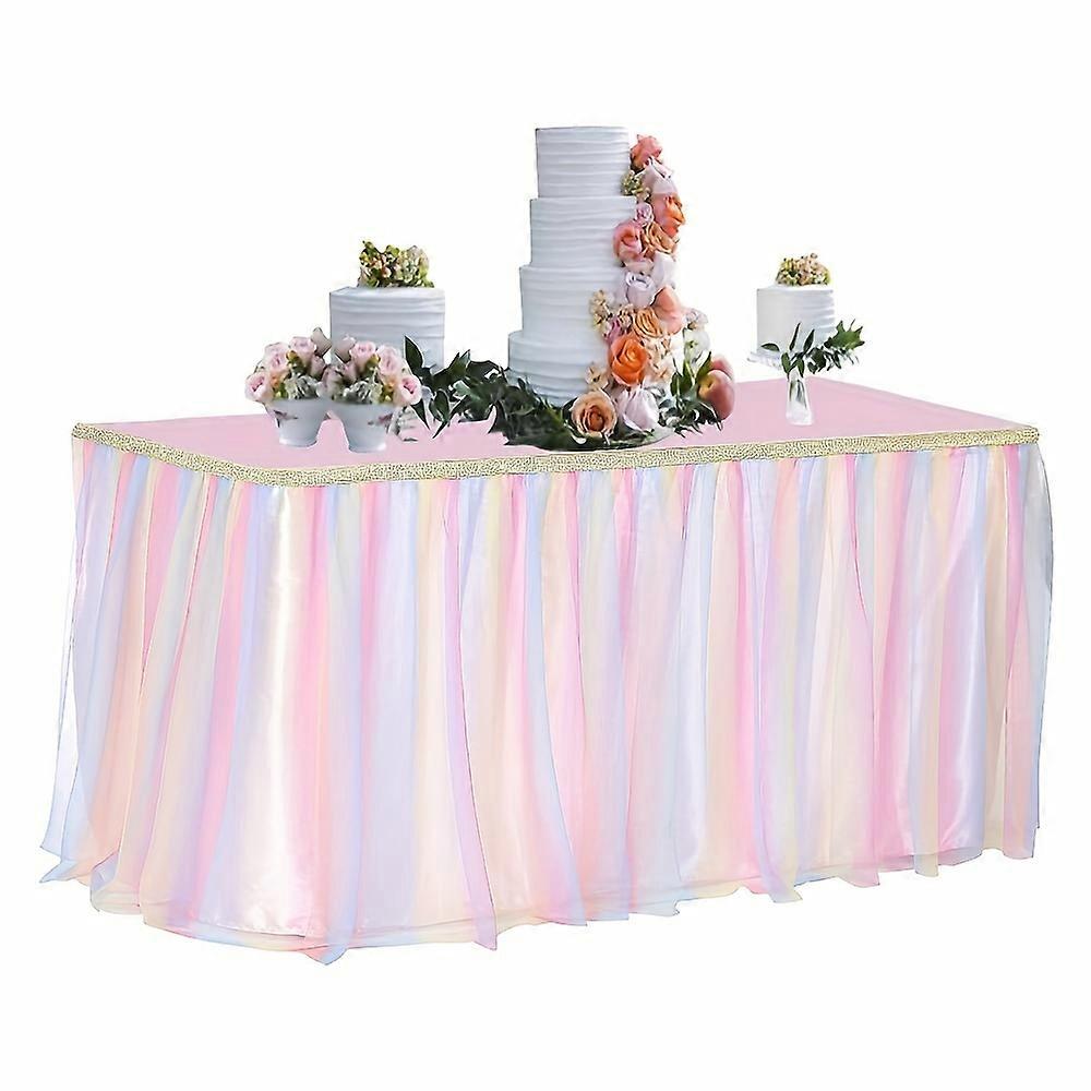 1pc Table Skirt, For Rectangle Table, Adjustable Tulle Table Skirt, Pastel Rainbow Mesh, Soft Stain Inner, For Birthday, Bridal Shower, Party Decorati
