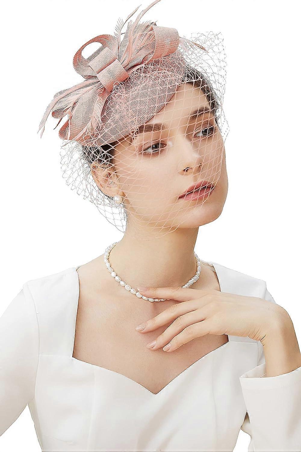 Pink - European and American vintage linen wedding headdress, feather hair ornament, floral mesh hair band, evening dress accessory