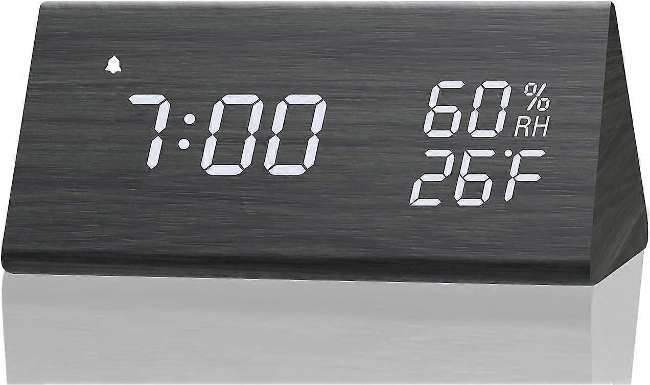 Digital Alarm Clock, with Wooden Electronic LED Time Display, 3 Settings, Humidity & Temperature Detect, Wood Made Electric Clocks for Bedroom Black