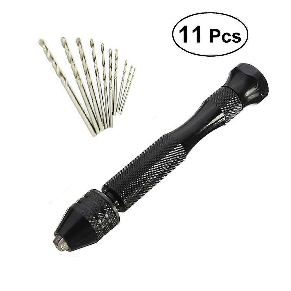 11PCS Mini Micro Aluminum Hand Drill Keyless Chuck with 10 Drills Rotary Tool - A