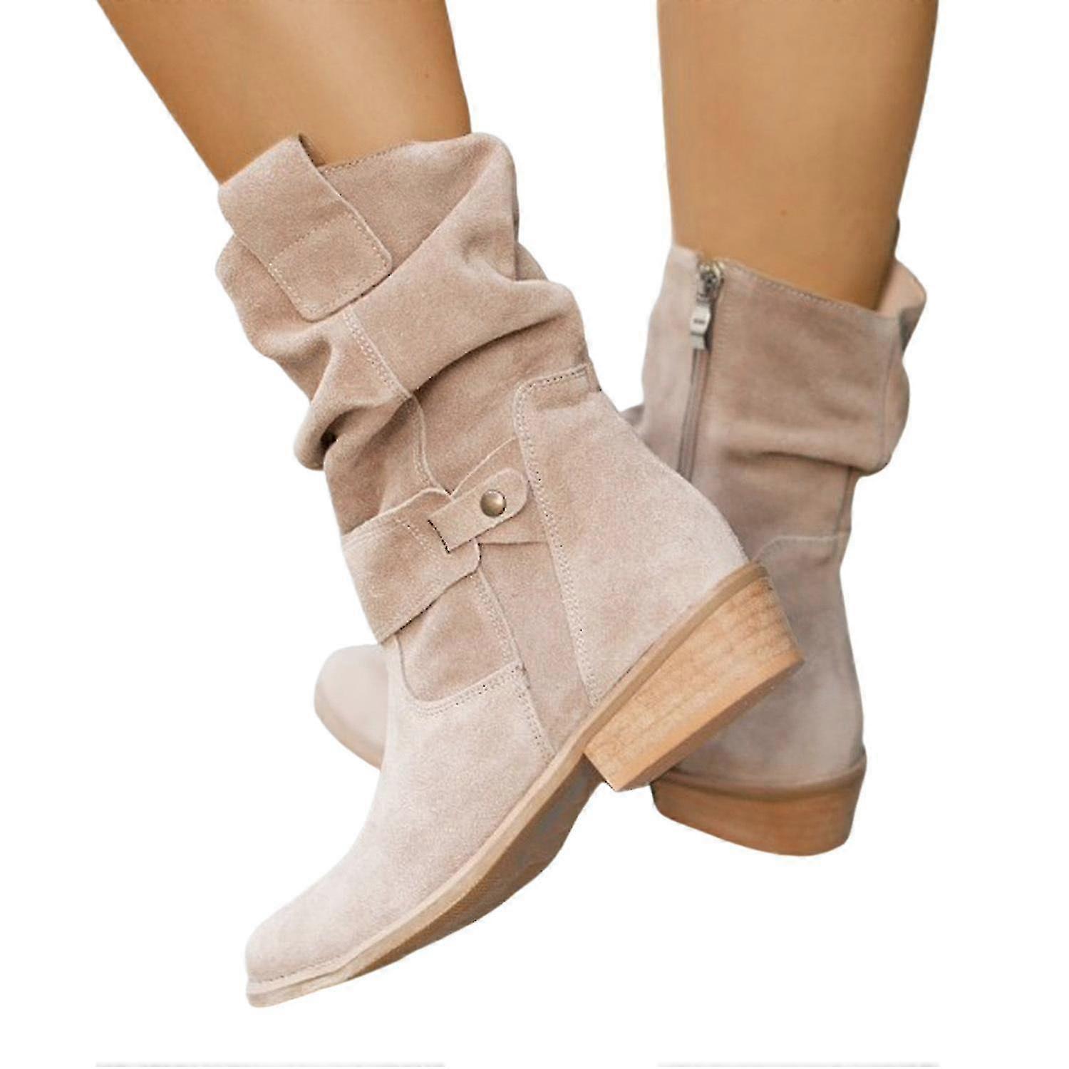 Women's Autumn And Winter Side Zipper Low Boots Elegant Suede Round Toe Casual Low Heels