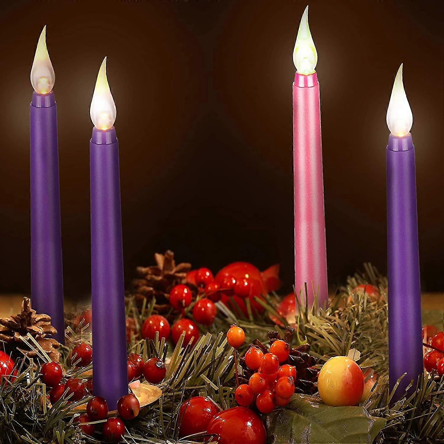 Wabjtam 4 piezas Led Flameless Advent Candle Set Purple And Pink Advent Taper Candles For Christmas Advent Rituals, Casting Chimes, Spells