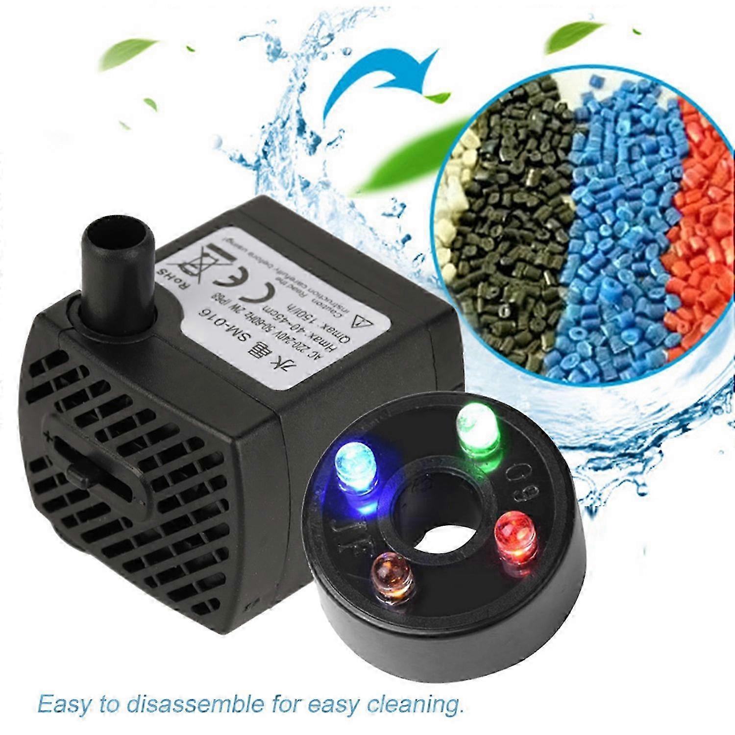 2W Ultra Quiet Submersible Water Pump with LED Light Fish Pond Aquarium Tank Fountain EU Plug