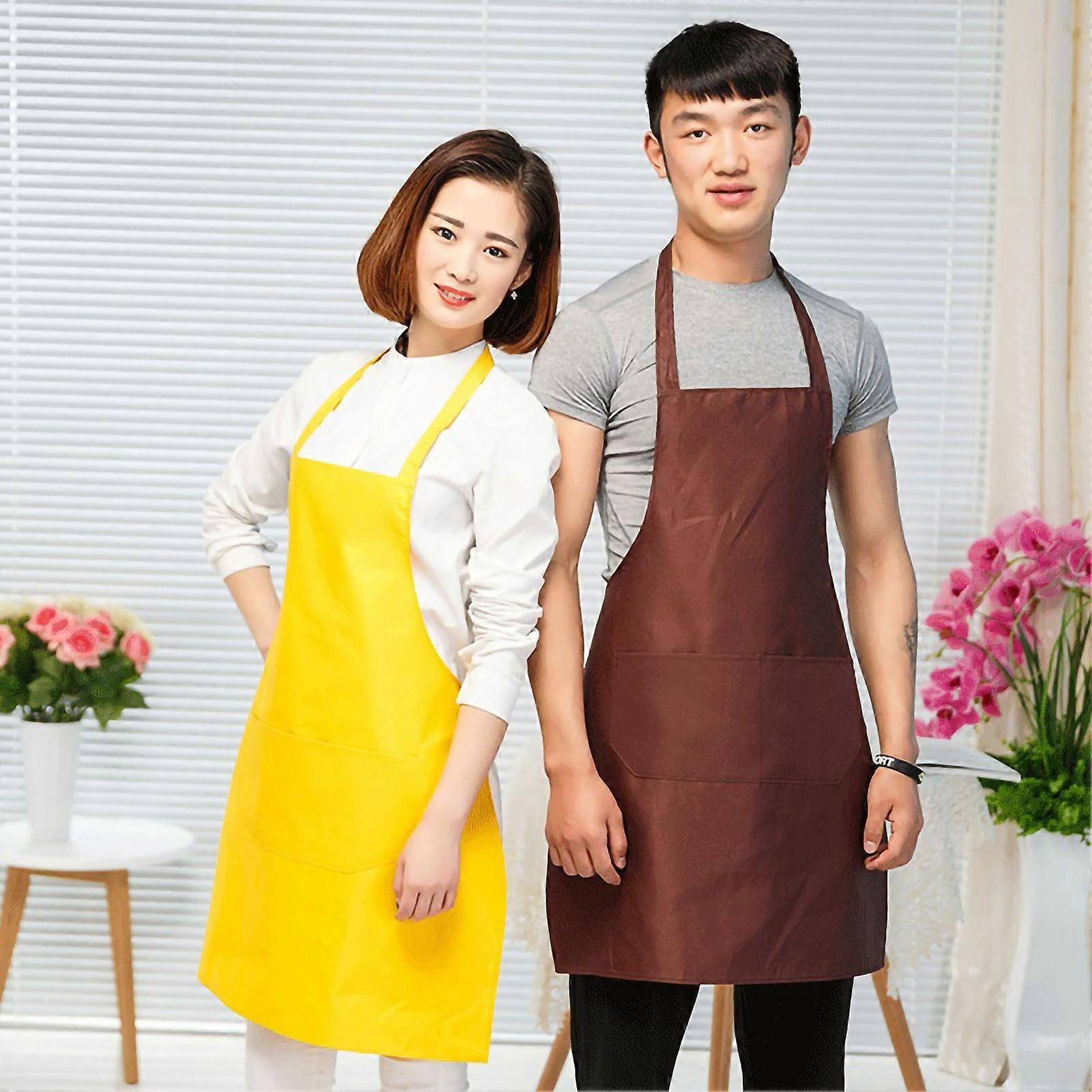 Kitchen Apron Solid Color Dual Pockets Back Strap Soft Polyester Chef Apron for Household Brown