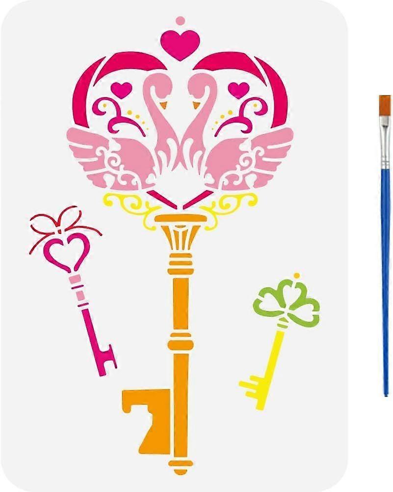 Heart Key Stencil 11.7x8.3 Inch Swan Stencil with a Paint Brush Love Key Painting Stencil Valentine's Day Themes Key Drawing Templates for Painting on
