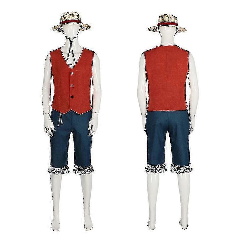 Canlı Aksiyon Tek Parça Luffy Cosplay Kostüm Yelek Hasır Şapka Cadılar Bayramı Karnavalı Takım Elbise