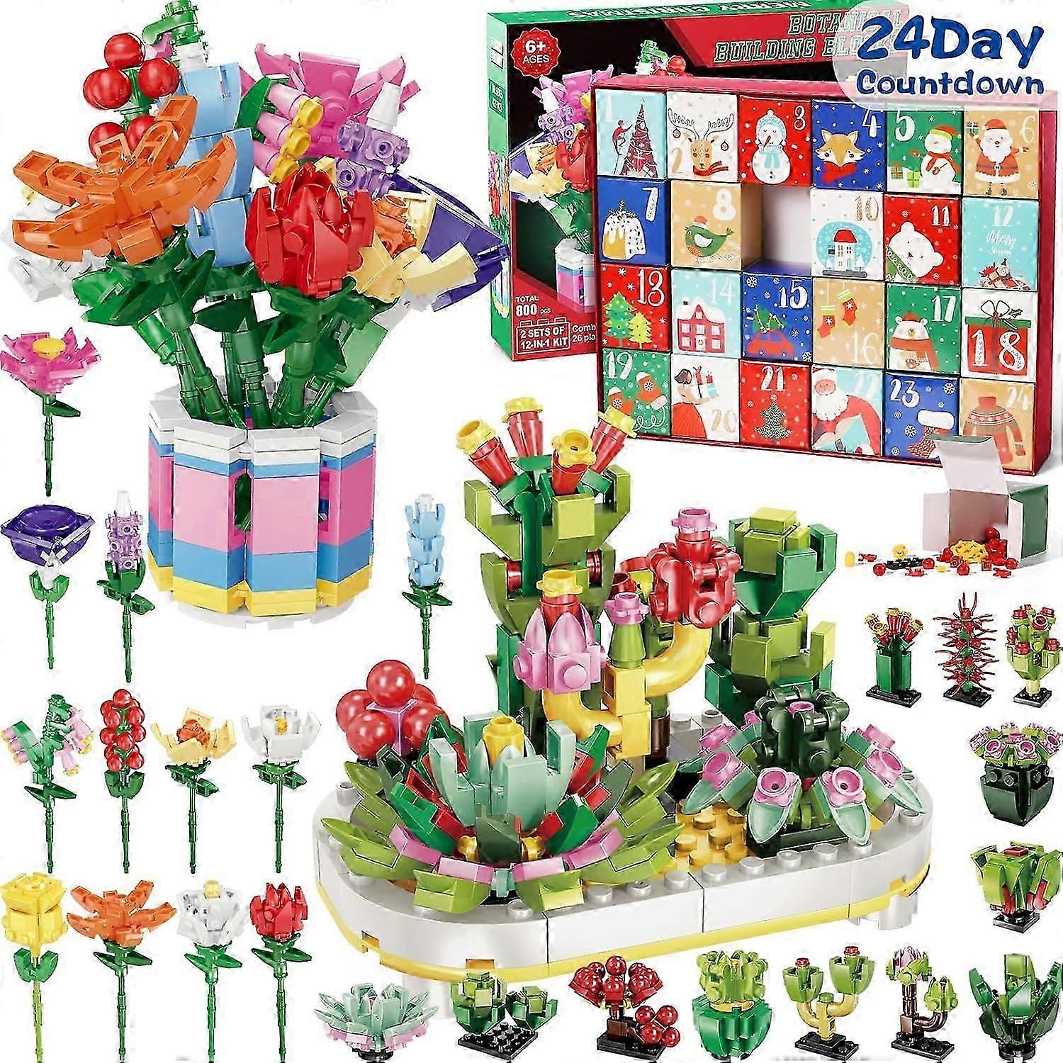 2024 Succulent Flowers Building Blocks Christmas Advent Calendar Xmas 24 Days Countdown Bricks Toy Set Calendar