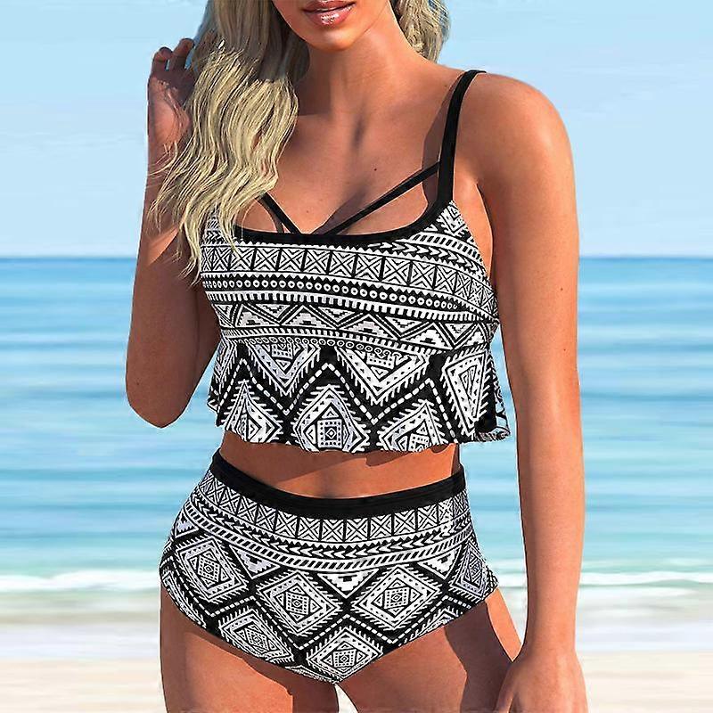 Dame Halter Sort og hvid Retro Diamond Print Bikini Tankini Badedragt