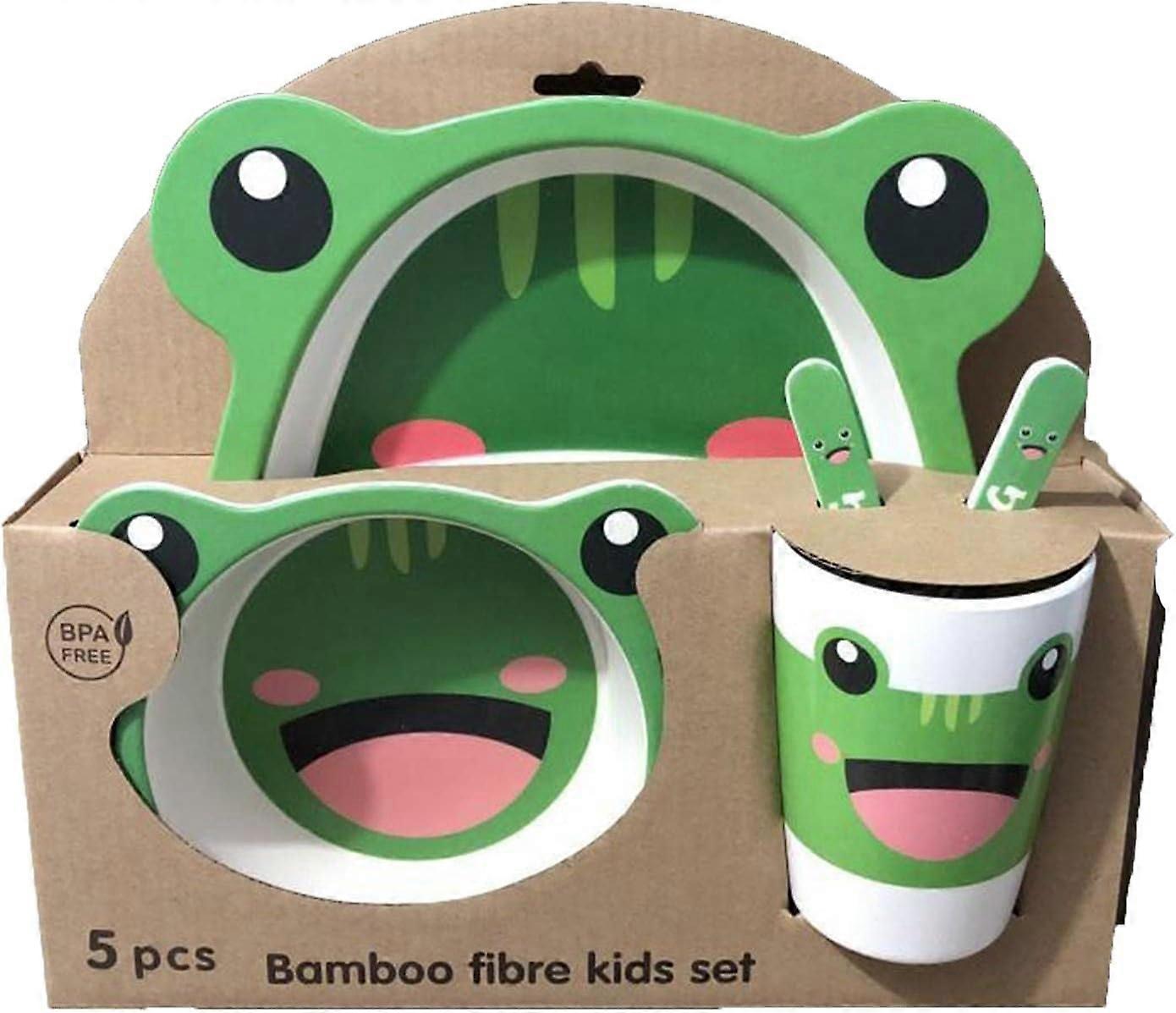 Kids Bamboo Dinnerware Set with Plate, Bowl, Spoon, Fork, BPA Free, Frog Pattern