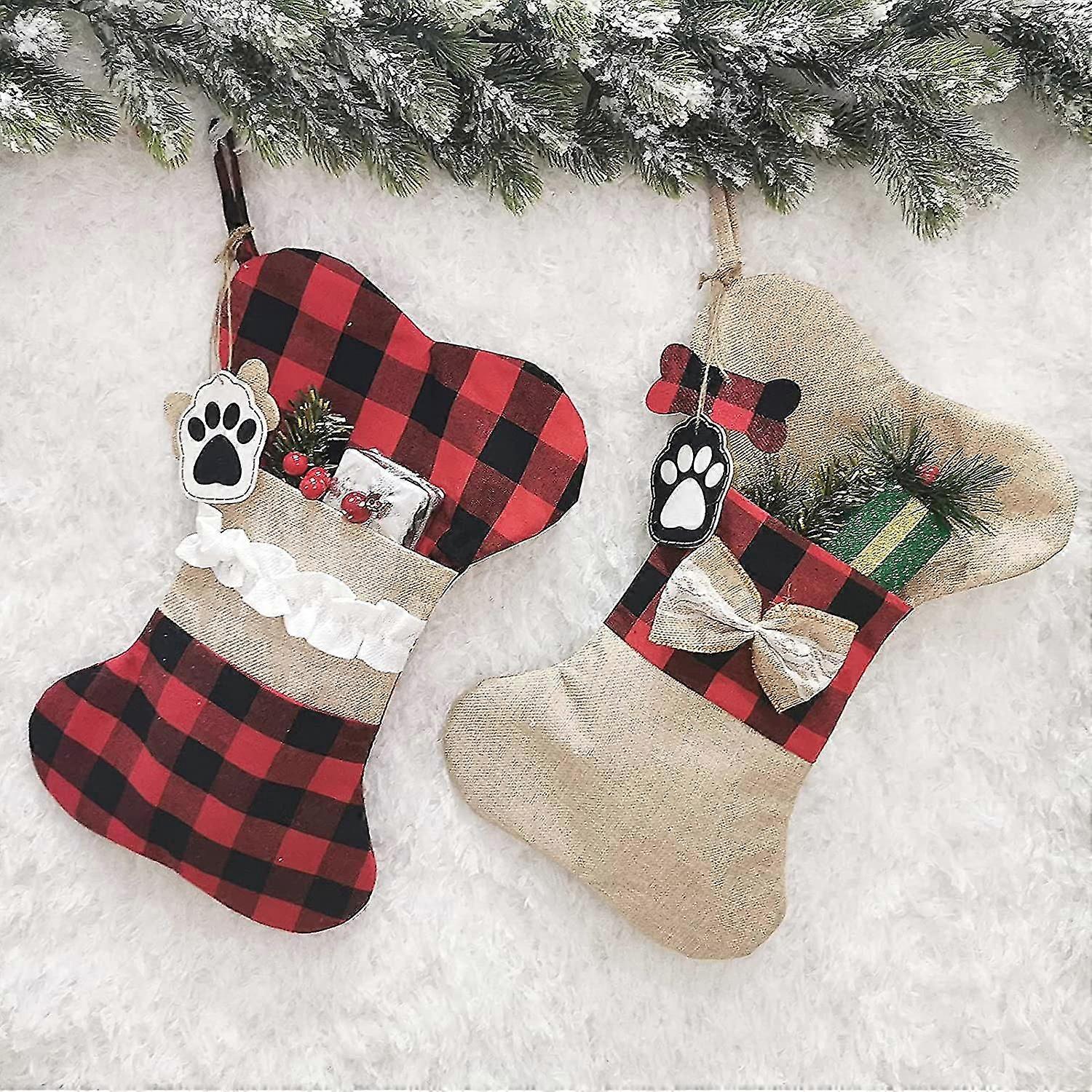 2024 2 Pack Christmas Bone Shaped Burlap Christmas Socks compatible Pets  Bone Shaped