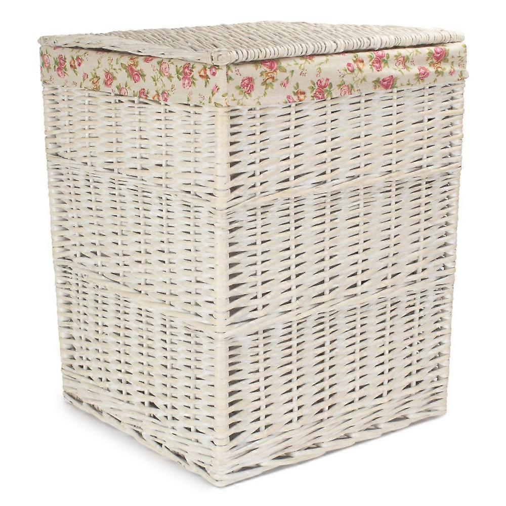 Square White Wash Wicker Laundry Basket Rose Lining