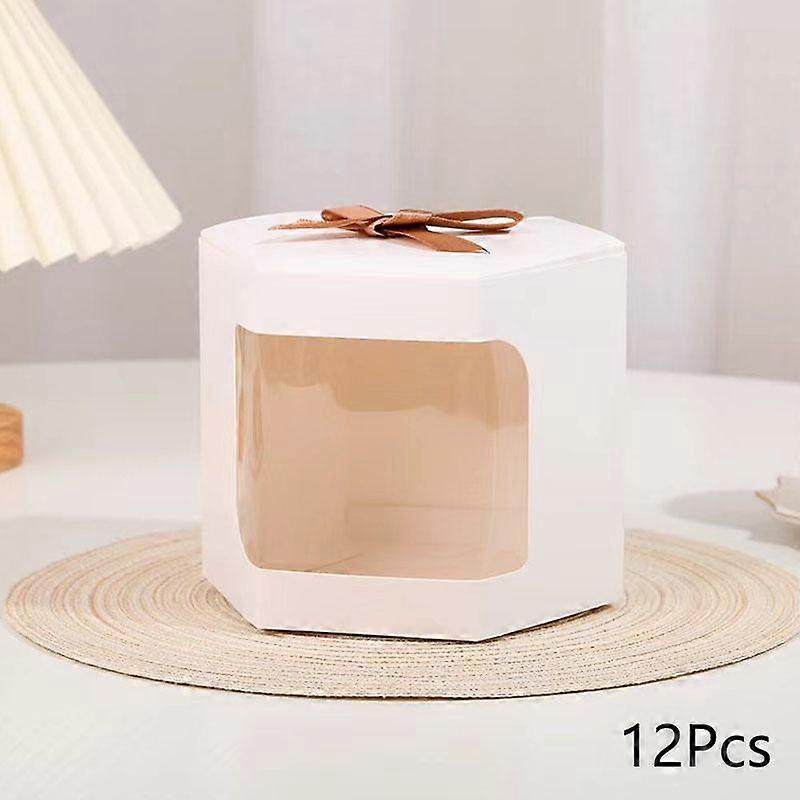 12pcs Brown White Kraft Paper Candy Box Ribbon Transparent Window Gift Packaging Party Favor