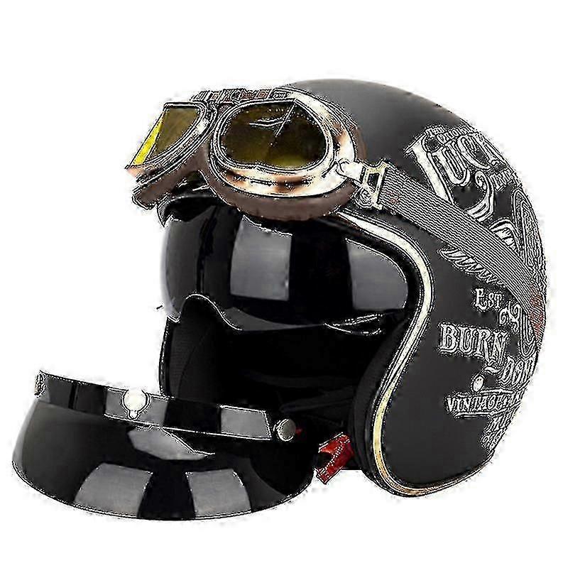 Kaski motocyklowe retro z otwartą twarzą 3/4 dla dorosłych z goglami i osłoną przeciwsłoneczną (lucky 13)