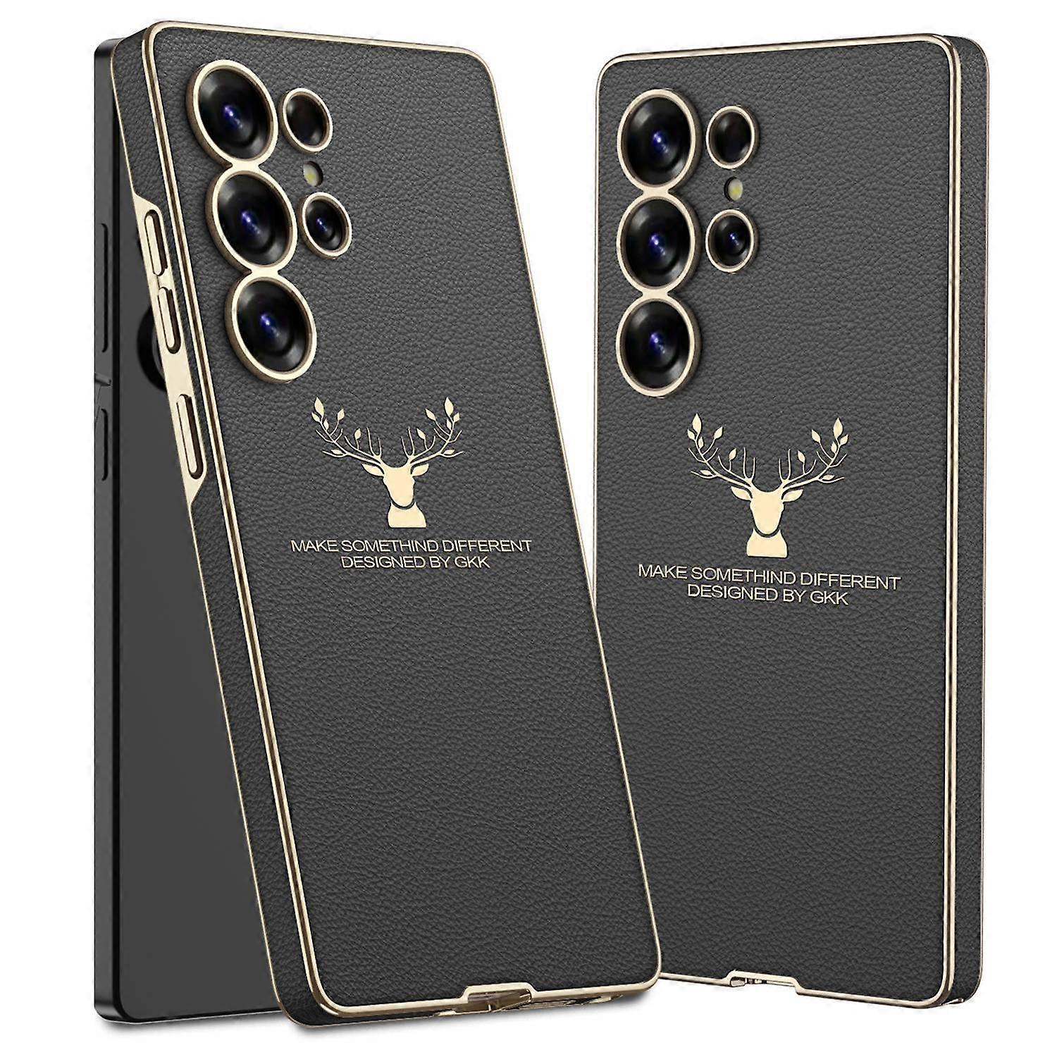 GKK For Samsung Galaxy S25 Ultra Case Deer Pattern PU Covered Hard PC Phone Shell - Black