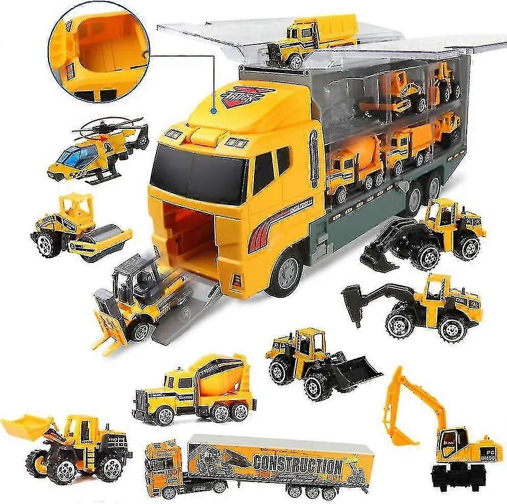 Rakennusajoneuvot Lasten kuorma-autojen lelukuljetuskaivukoneet ja dumpperit Autosarja, jossa on 11 pientä autoa ja 1 iso kuljetusauto taaperoille