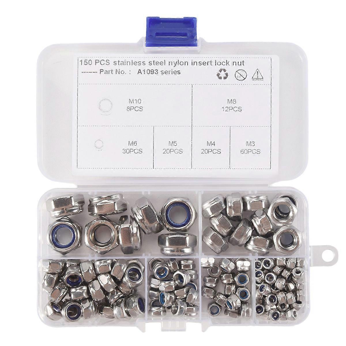 150Pcs 304 Stainless Steel Lock Nut Assortment Kit For Hardware Accessories Nylon Insert Hex Lock Nuts Self Locking Nut M3 M5 M6 M8 M10