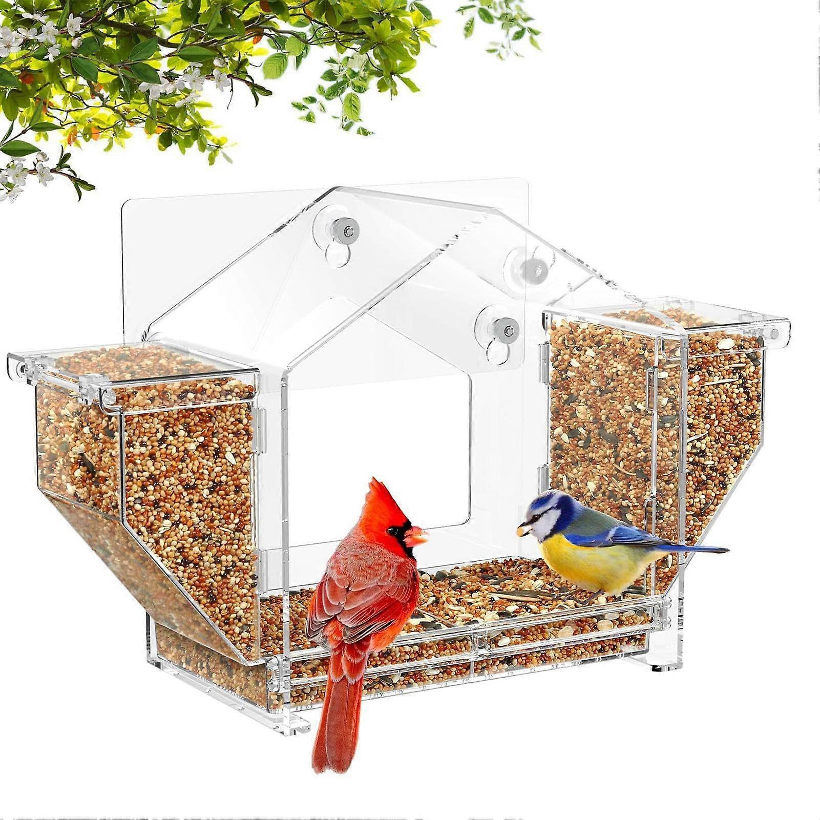 Window Bird Feeder, Clear Acrylic Feeding Platform for Birds, SquirrelProof Design with Seed Container for Parrots and Sparrows