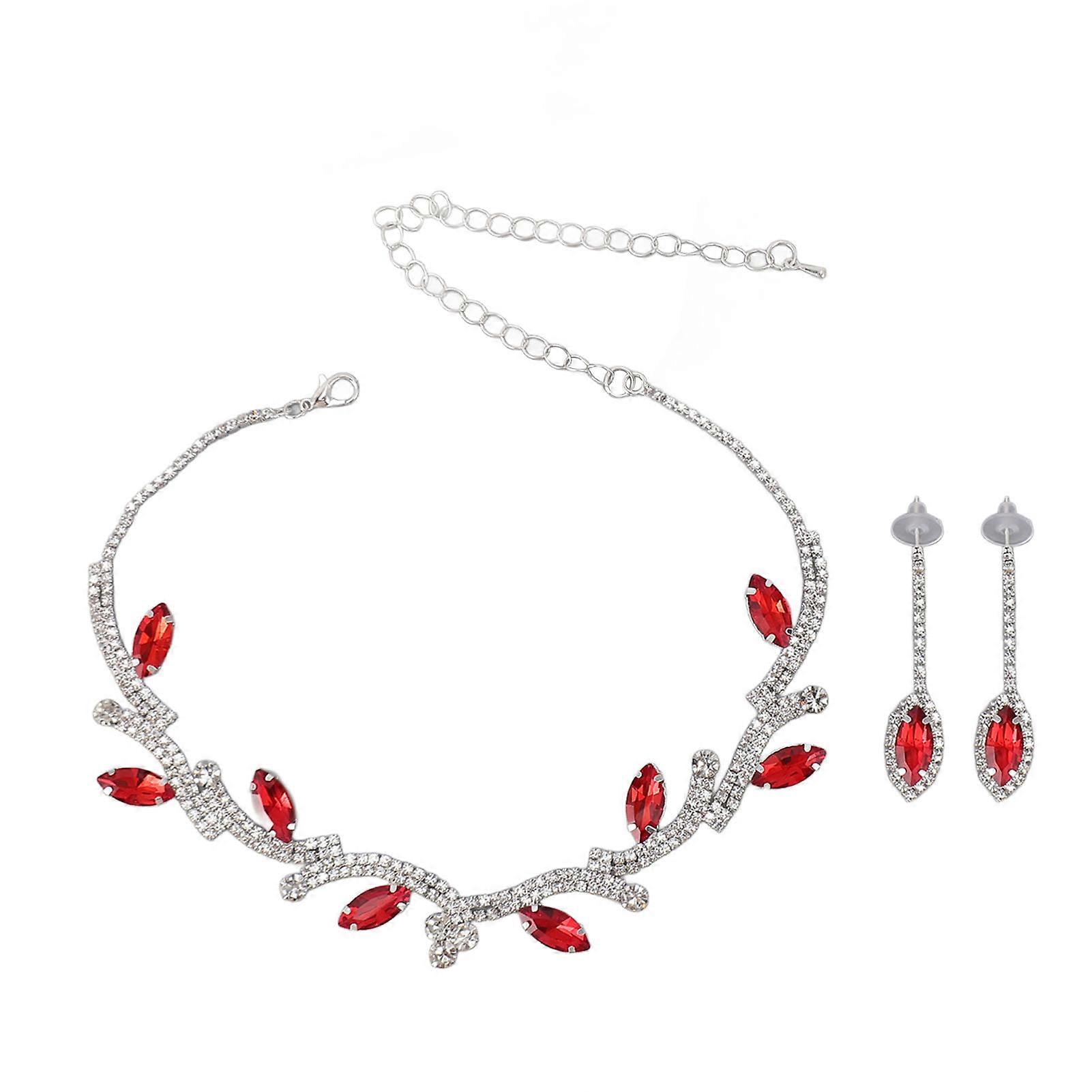 Ensemble collier et boucles d'oreilles pour femme, ensemble de bijoux de mariage avec feuilles en strass, pour fête d'anniversaire, rouge et blanc K