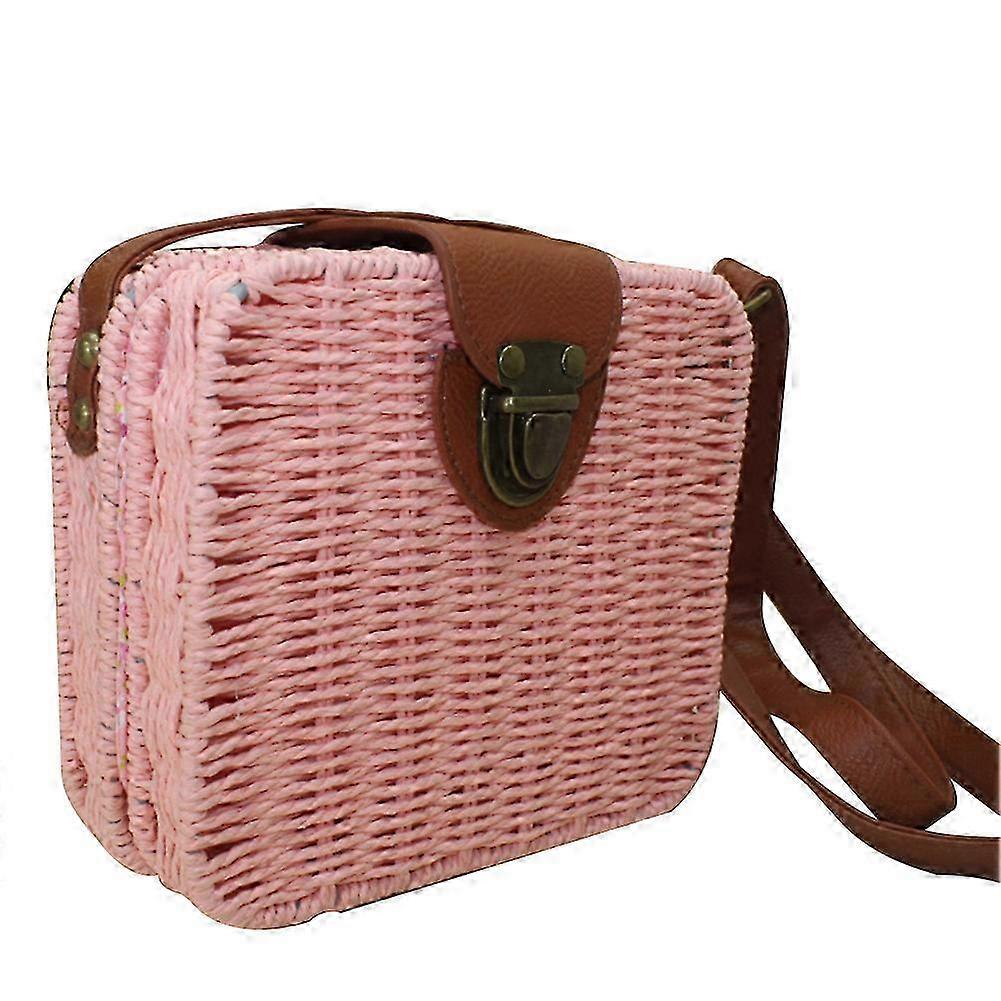 レディースピンクウーブンストロースクエアメッセンジャーショルダーバッグ