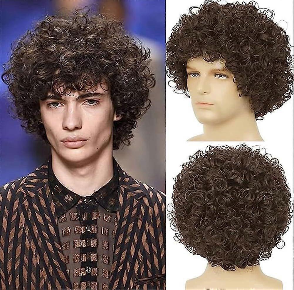 2025 Latest Model Short Brown Curly Afro Wig for Men Fluffy Rocker Synthetic Wigs for Cosp