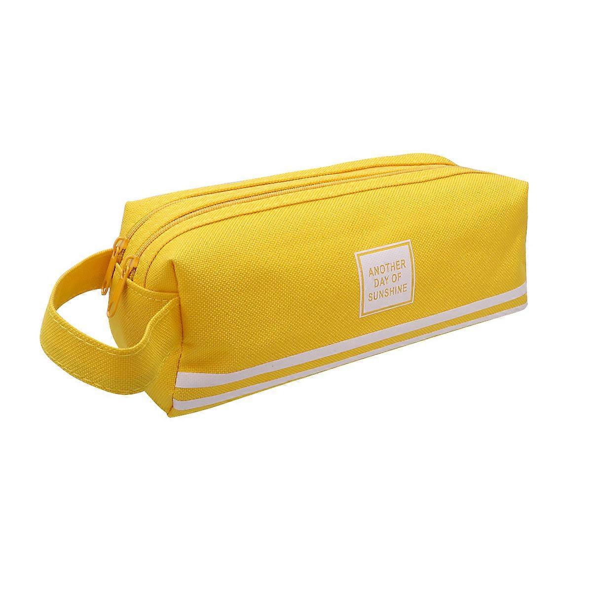 Simple Pencil Pouch Large Capacity Double Layer Canvas Pen Bag Yellow 22 x 8 x 8 Cm Storage Portable 1Pcs