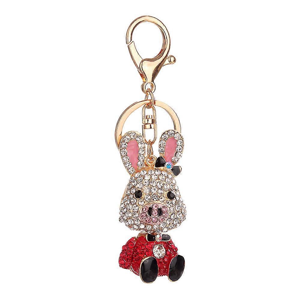 Creative Fashion Keychain Diamond-Encrusted Pig Nose Rabbit Shape Bag Pendant Car Decoration Red 1Pack