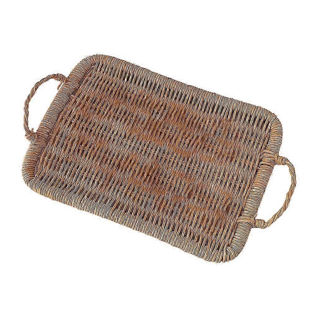 Farmhouse Woven Rattan Fruit Basket Bread Serving Tray with Handles Decorative Round Rectangular Display Organizer for Snack Tea Coffee Table