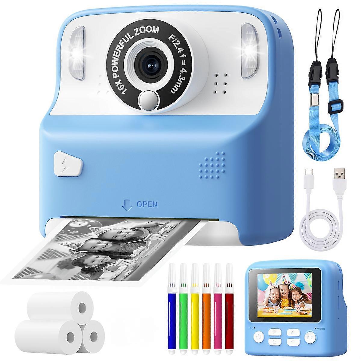Digital Camera 1080P HD Kids Instant Print Camera 2.4 Inch IPS Screen Blue
