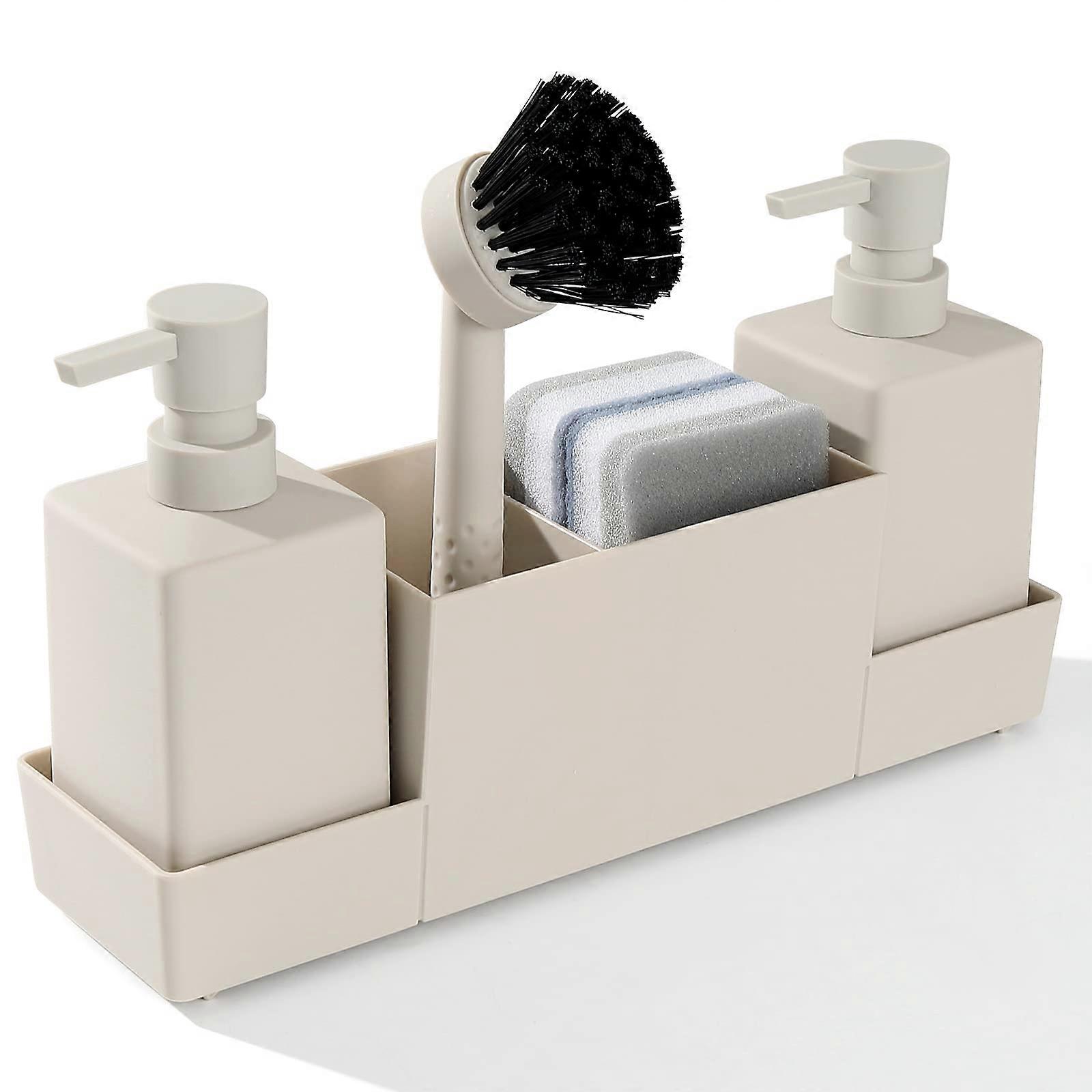 Kitchen Soap Dispenser with Sponge Holder Set for Sink Caddy, Hand Soap and Dish Soap Dispenser with Brush, Matte Beige