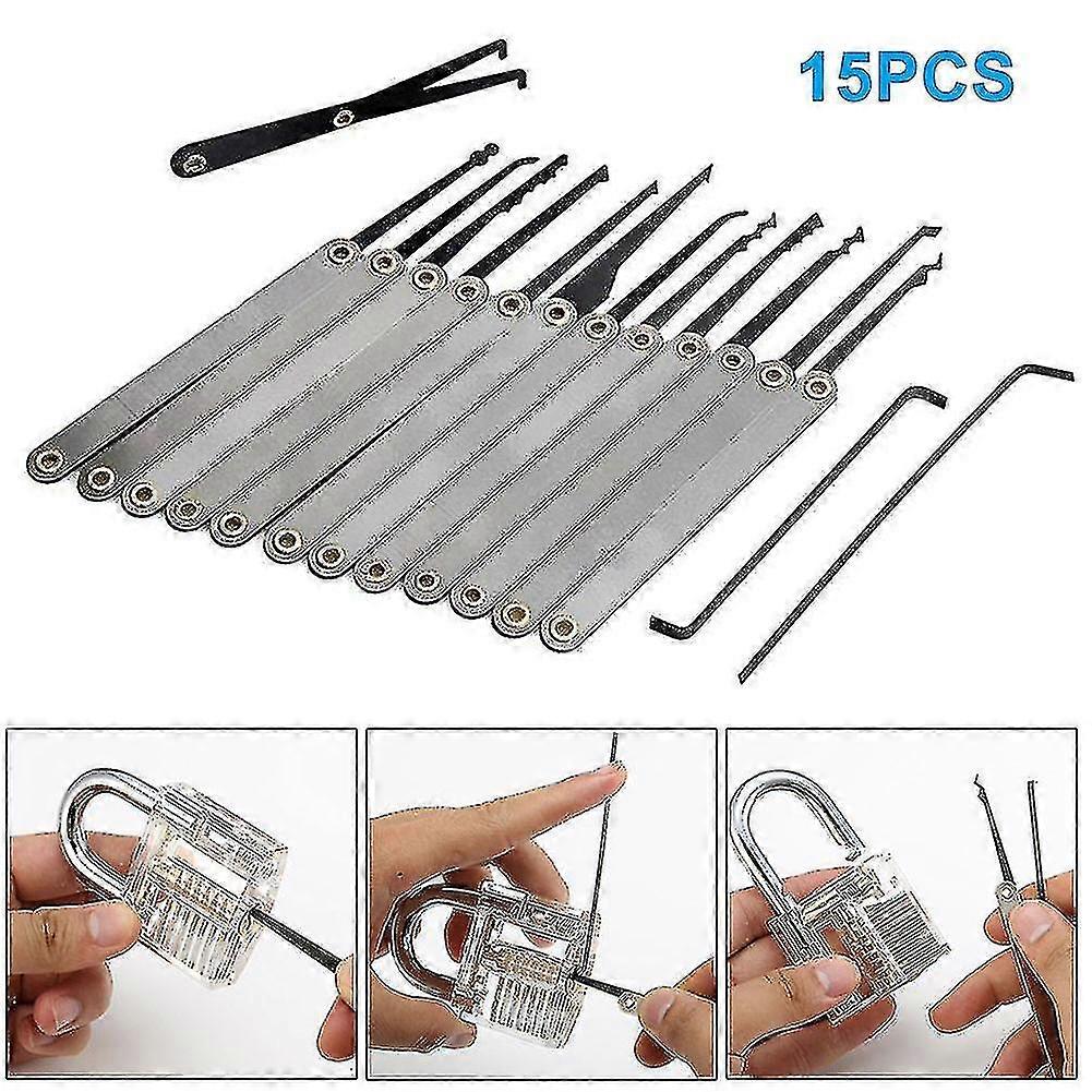 15pcs Lock Pick Set with 2 Keys and 1 Clear Training Padlock for Aspiring Locksmiths and Beginners