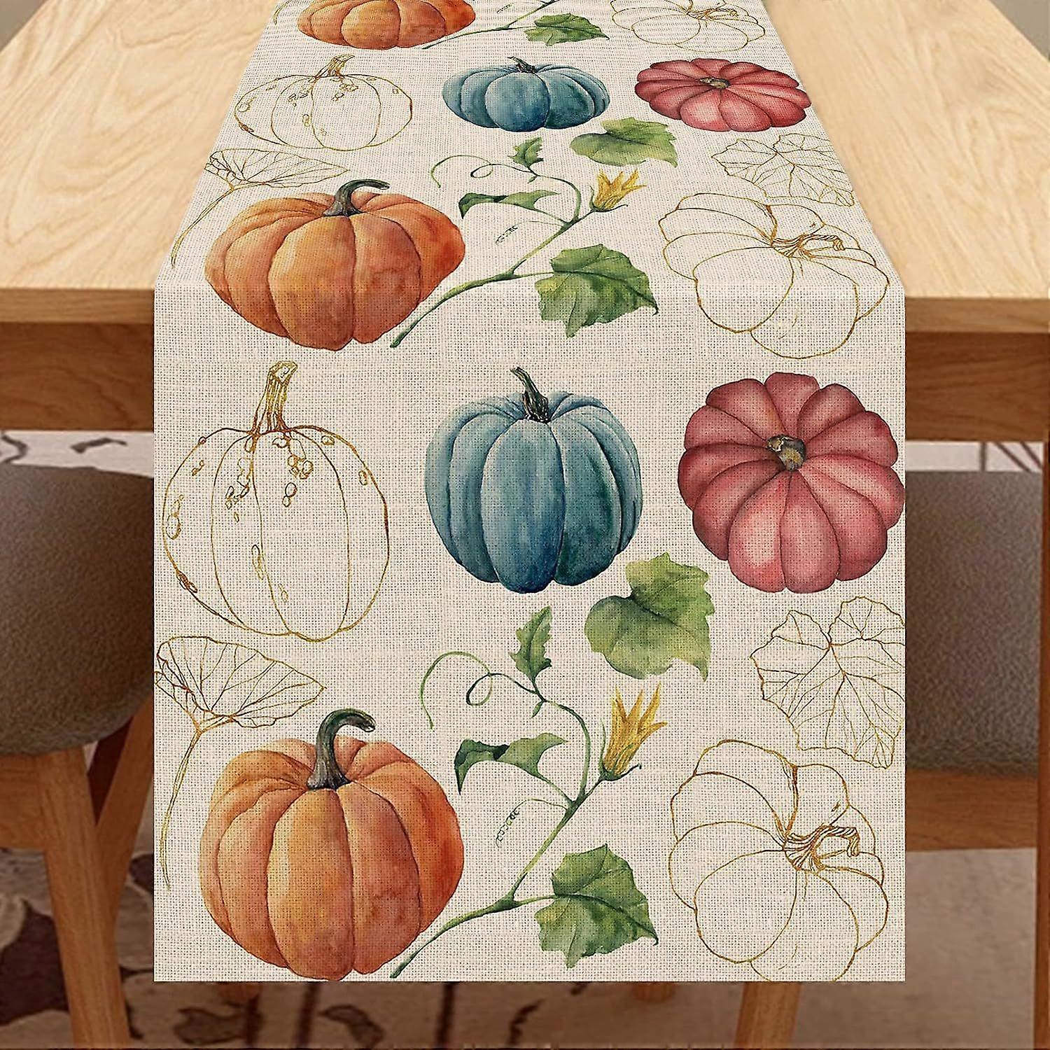 4-pack eucalyptus leaf pumpkin table runners, fall thanksgiving kitchen table decoration