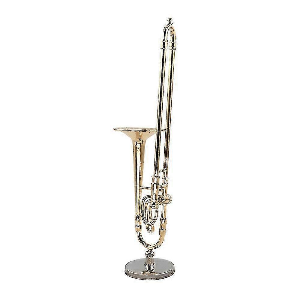 Modello di trombone in rame puro in miniatura da 12 cm con supporto e scatola in pelle nera per mini collezionisti di strumenti musicali