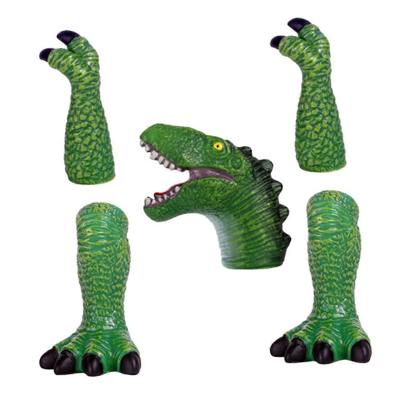 Dinosaur Hand Puppet Toy Set - Stretchy Vinyl Finger Puppets for Storytelling and Bath Play - Green Color