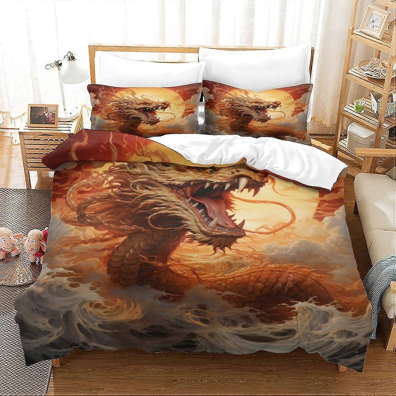 Dragon Duvet Cover Set for Kids, Tree Branches Comforter Cover with Pillowcases, Suitable for Various Brands