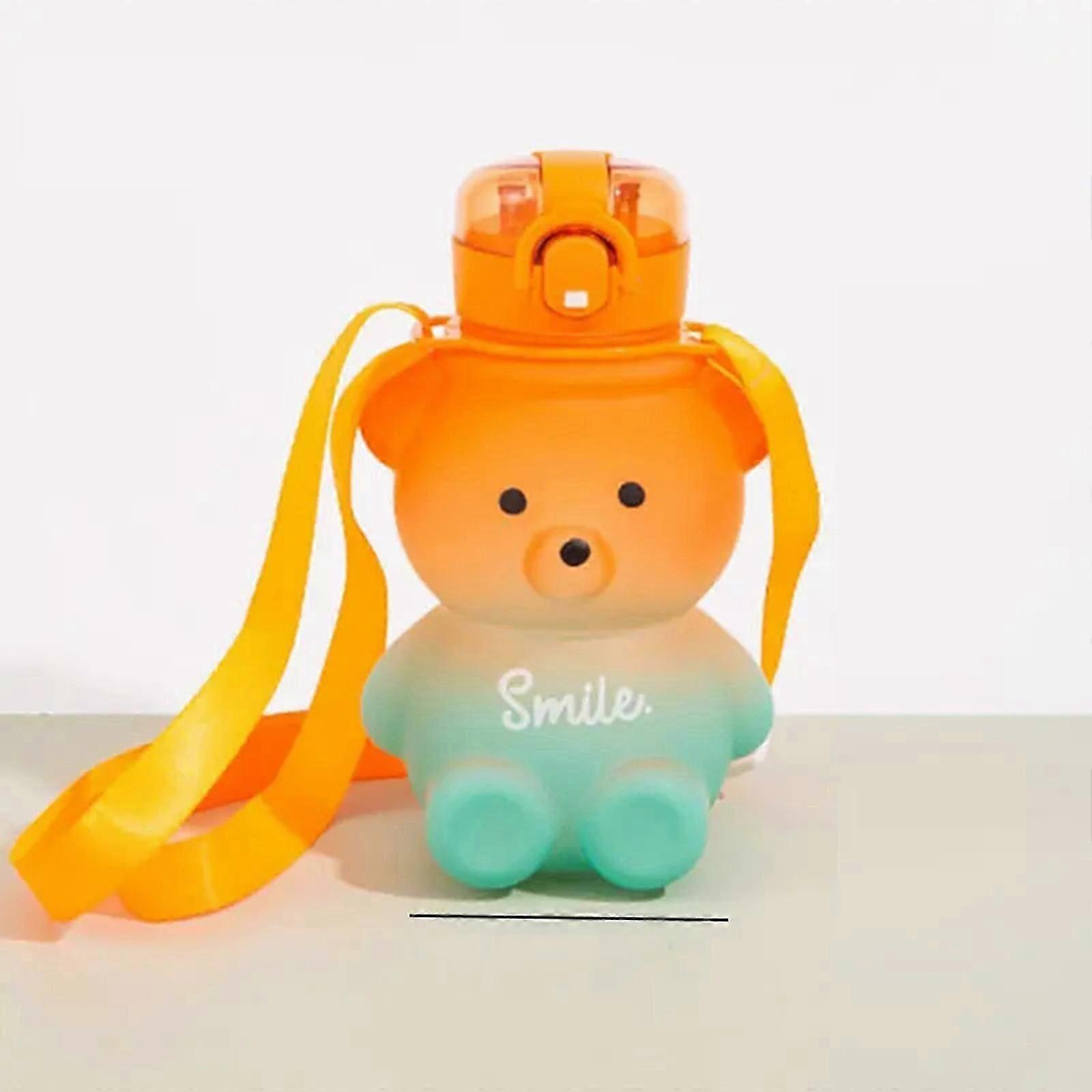 クマのストローかわいい漫画のクマのウォーターボトルとストローとハンドルとストラップ付き - かわいいステッカー付きのかわいいウォーターボトル