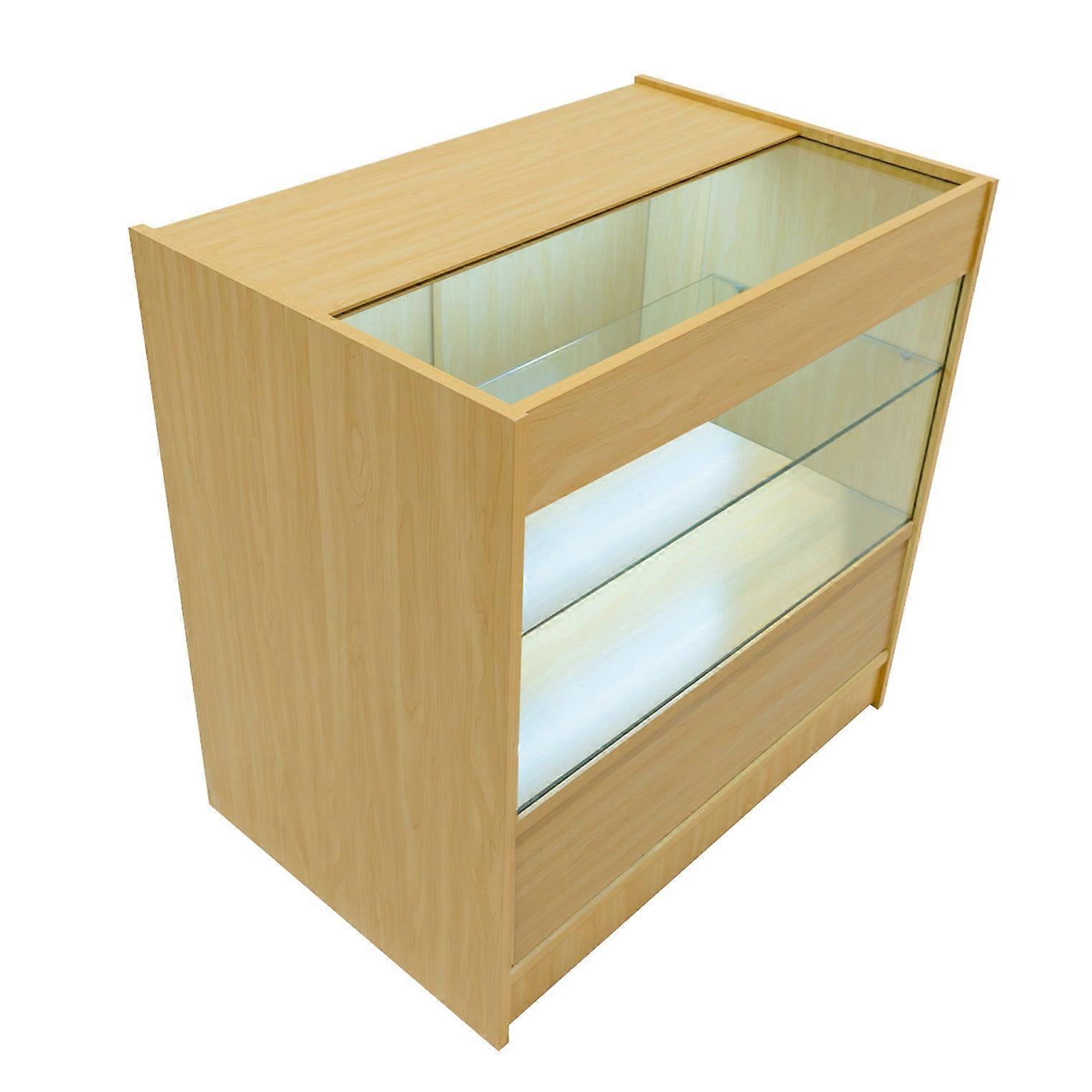 Maple Shop Counter LED Light C 900mm Lockable Sliding Doors 2 Keys Retail Storage Unit Display