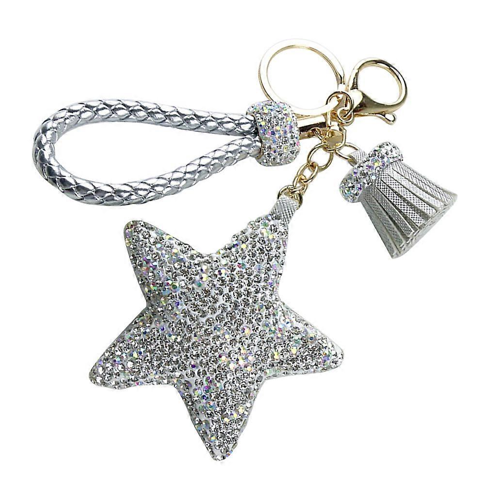 Silver Rhinestone Pentagram Keychains for Hanging Keys Craft Ornaments with PU and Rhinestone Details 2.5 Inch