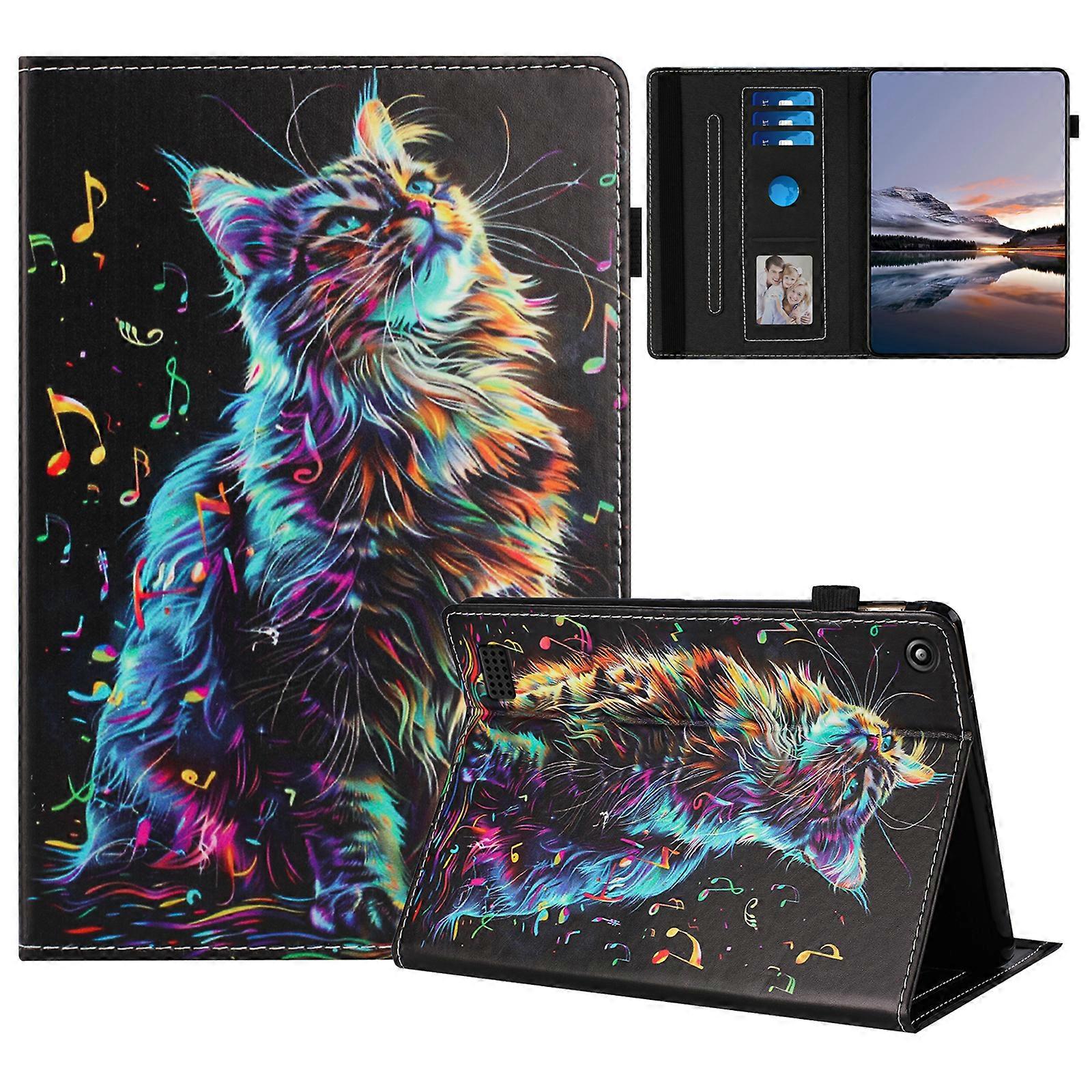 Amazon Fire 7(2019)(2017)2015パターンレザーカバー自動スリープウェイク、カードホルダー音符猫用タブレットケース