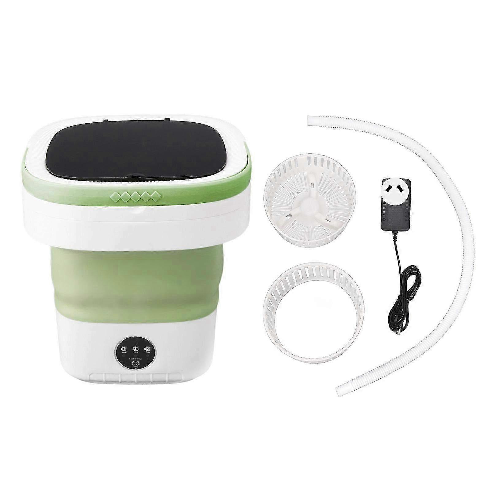 7.5L Mini Portable Bucket Washer - Foldable Washing Machine with Soft Spin Dry & Drainage Pipe Compatible with 100-240V Green AU Plug