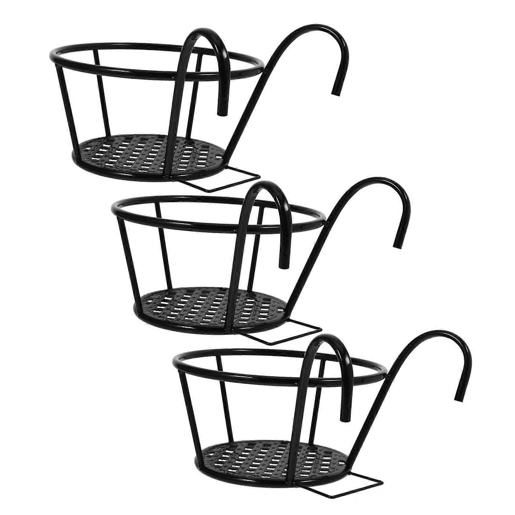 Set of 3 Iron Planter Holders for Hanging Balustrades, Flower Pot Shelf and Flower Shelf for Outdoor Use, Ideal for Fence and Balcony, Color: Black