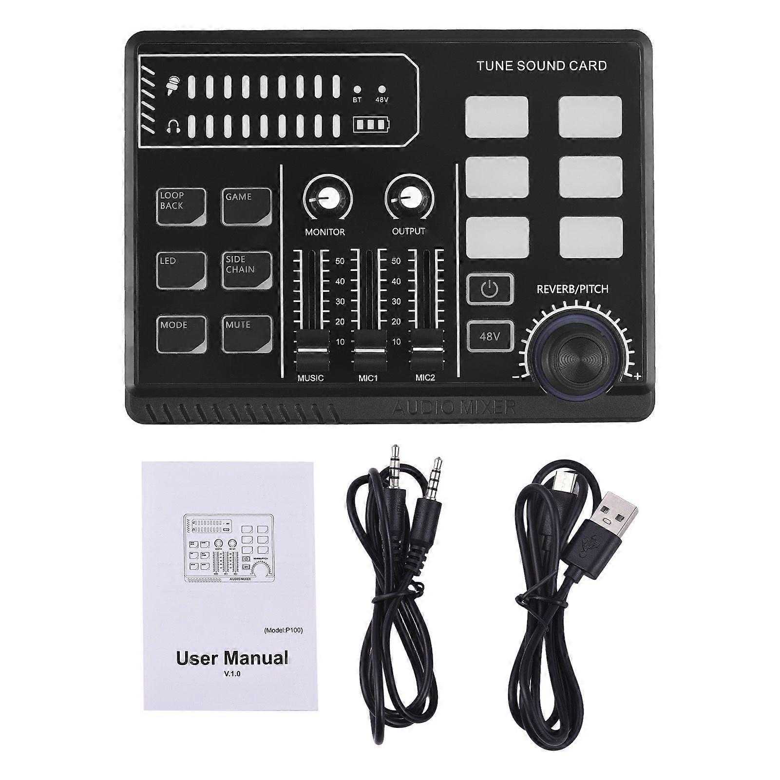 Gaming Audio Mixer 48V Phantom Power Audio Interface RGB Light BT Plug and Play Desktop Singing Sound Card Mixer for Live Streaming Podcasting Content