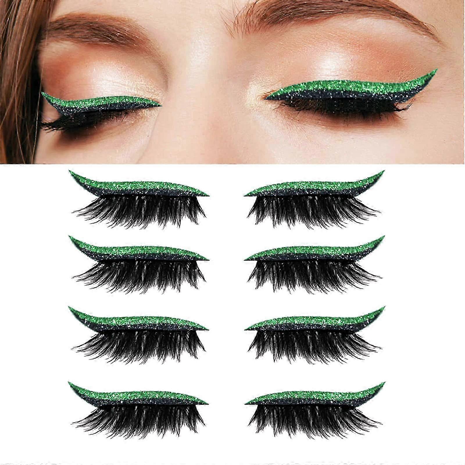 False Eyelashes Eyeliner, 4 Pairs Reusable Eyeliner and Eyelash Stickers 2 in 1 Eye Glitter Shiny Makeup Eyeliner Sticker Green 02