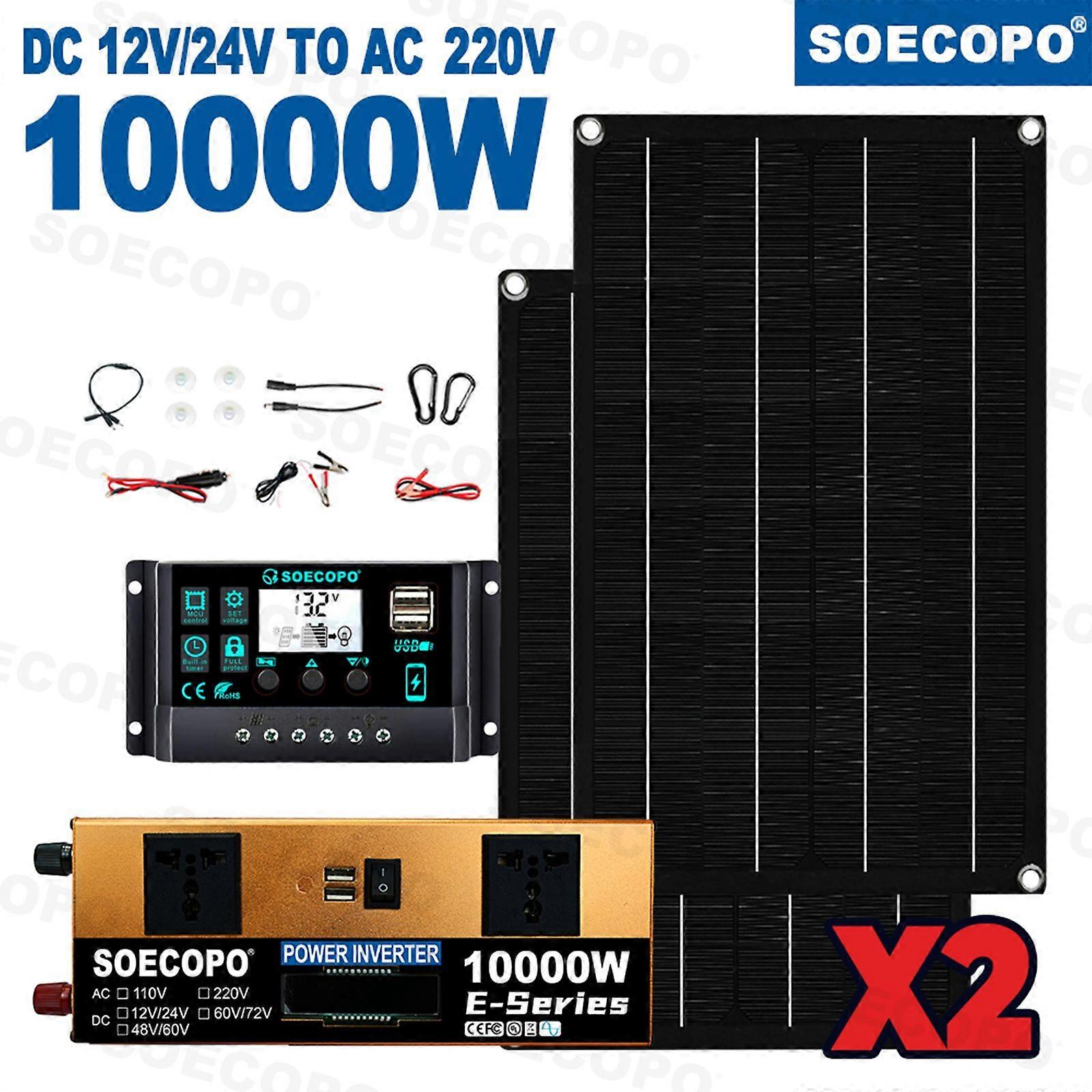 10,000W Solar System Kit | 12V/24V DC Input to 110V/220V AC Output | Includes 2 Solar Panels and Charge Controller
