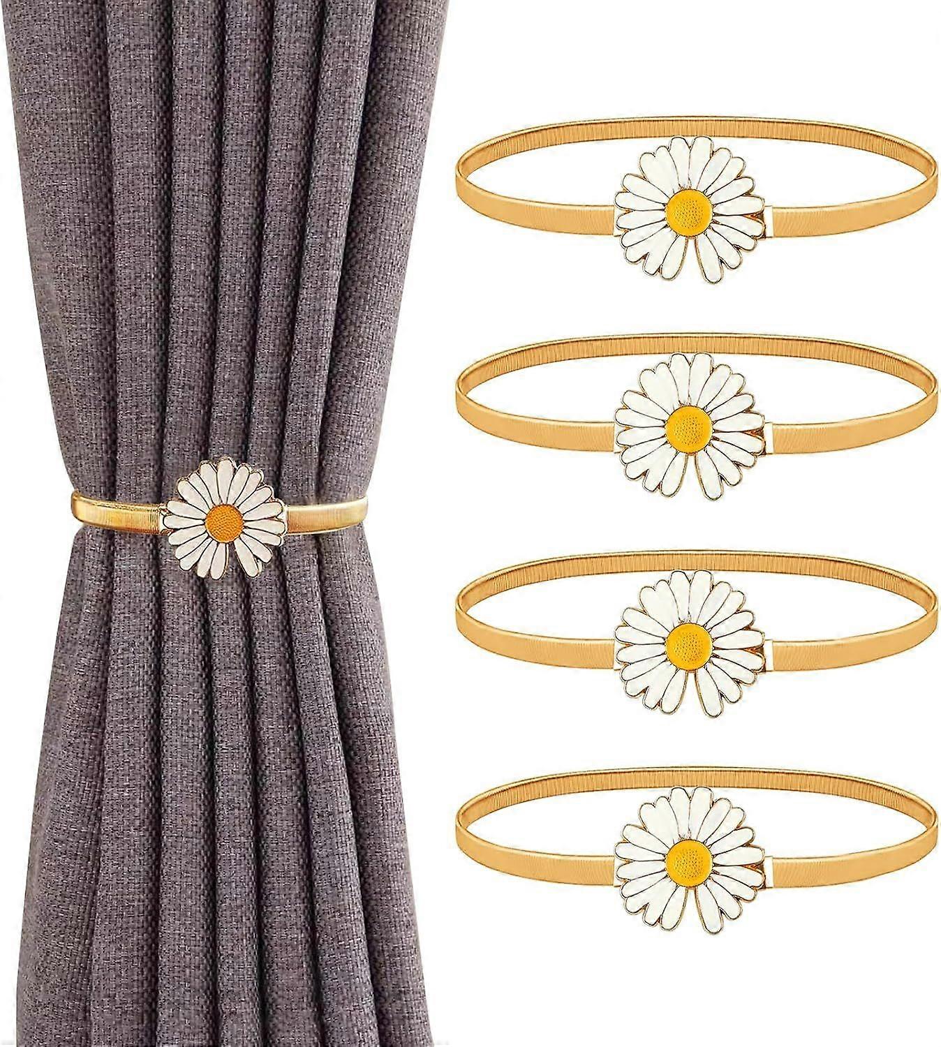 Pieces Curtain Tiebacks, Chrysanthemum Gold Color Curtain Holders Adjustable Alloy Elasticity, Curtain Buckles with Spring Rope, Curtain Buckles with