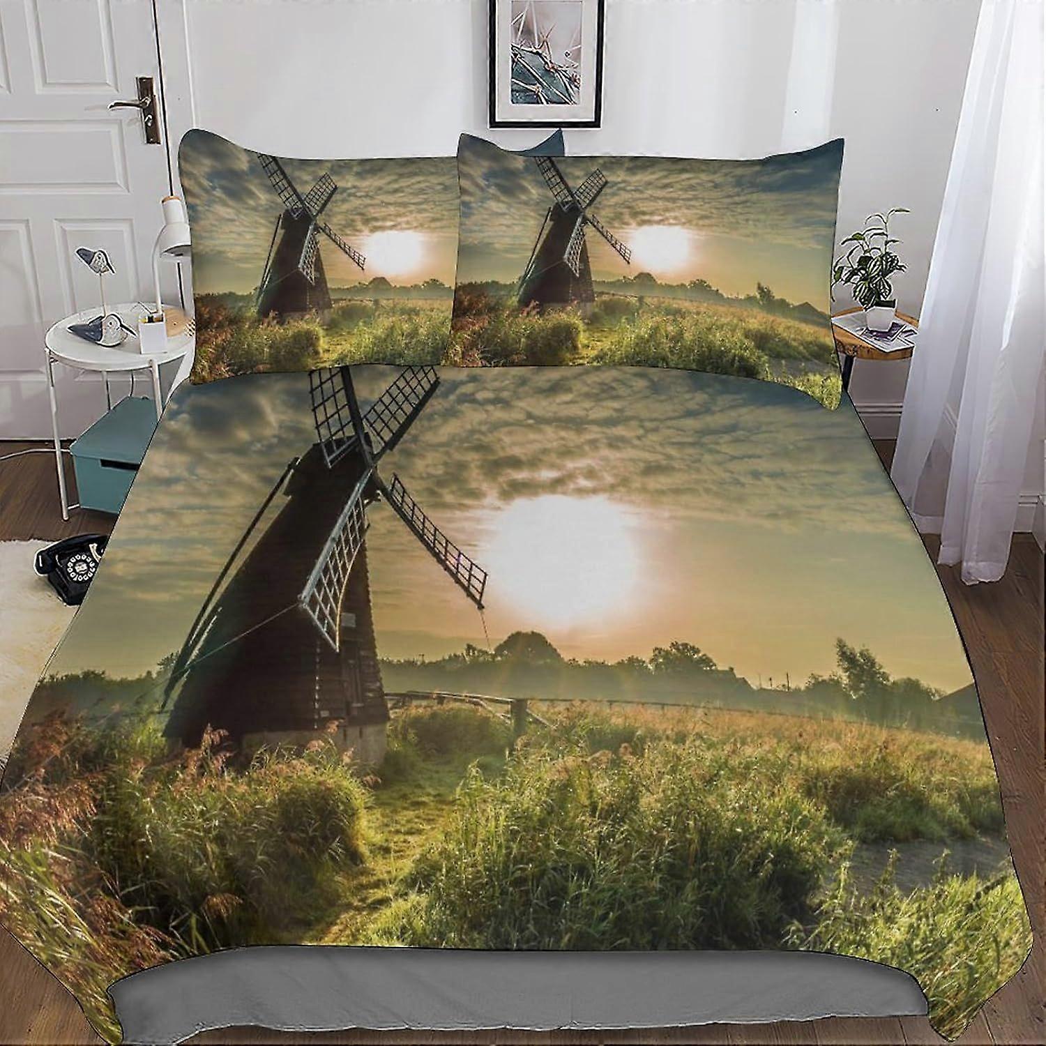 u472 3D Printed Windmill Duvet Cover Set Beautiful Rustic Life Bedding Set, Soft Microfibre, 2 Pillowcases, Hidden Zip, m472