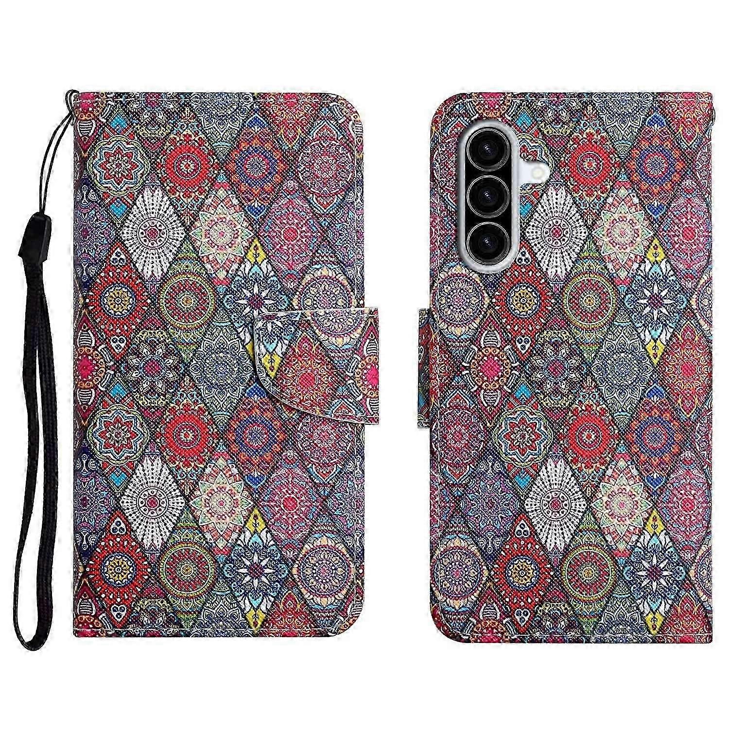 Samsung Galaxy A36 5G Rhombus Kaleidoscope Pattern Protective Folio Phone Cover with Wrist Strap