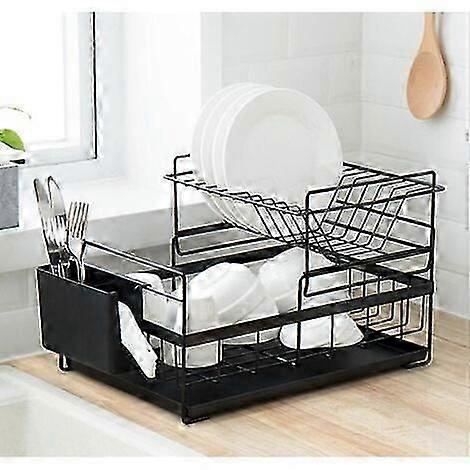 Double Level Cutlery Drainer Kitchen Storage Chromed Metal - Black