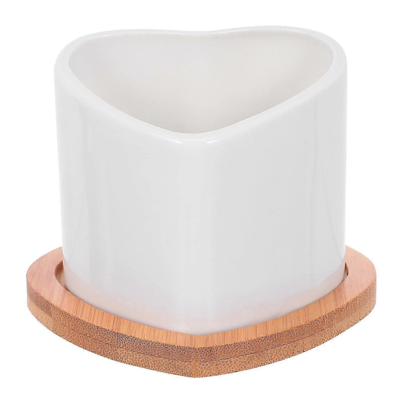 2 Pcs Heart Shaped Mini Ceramic Planter with Bamboo Saucer for Cactus & Succulents