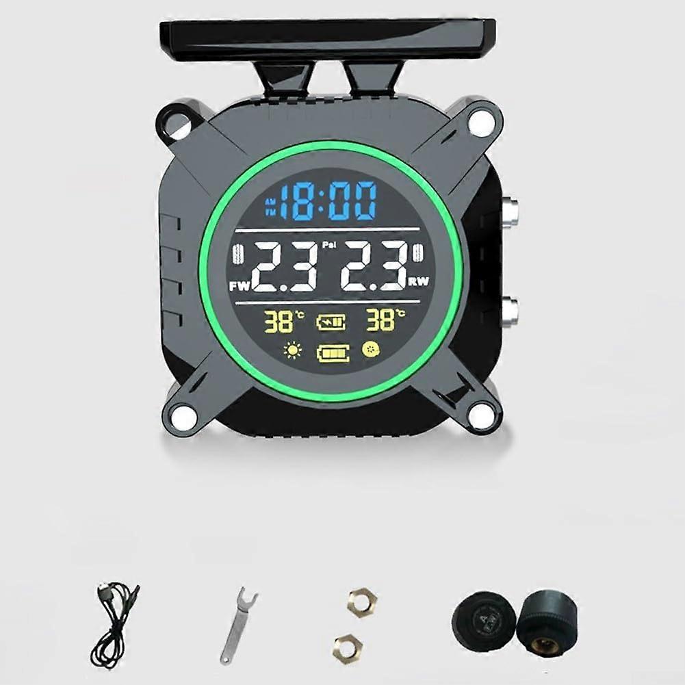 Motorcycle Tire Pressure Monitor with Wireless Sensor and Adjustable Alarm for Road Safety (Green)